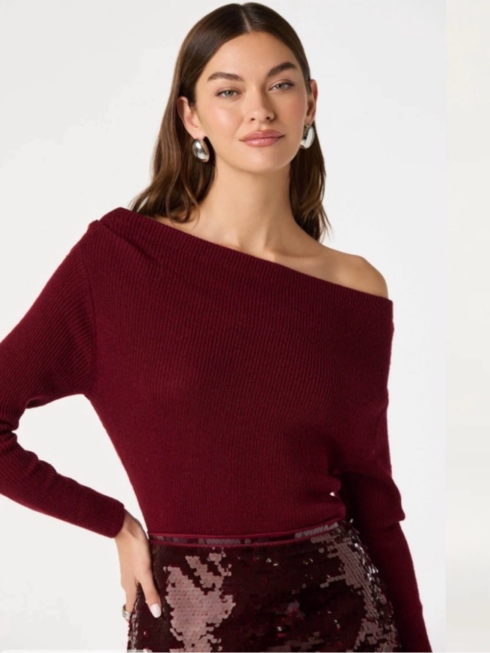 ASTR Off-Shoulder Burgundy Ribbed Women’s Sweater
